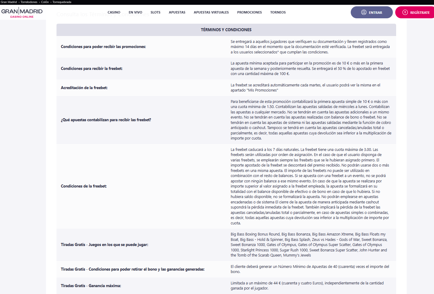 Ejemplo de los términos y condiciones del bono de casino en España del operador GMCO