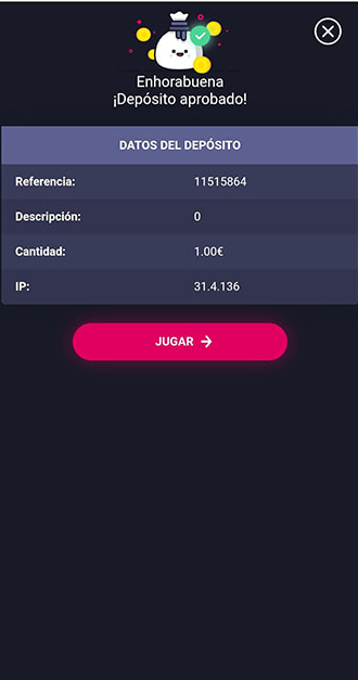 Mensaje de aprobación de un depósito en casinos con Bizum