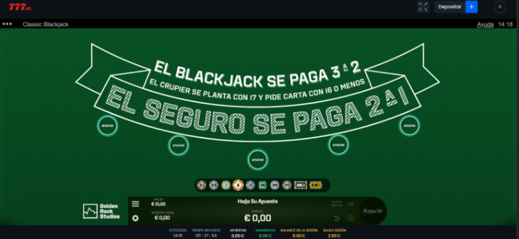 Mesa de blackjack online en Casino777 España con reglas de pago y apuestas en vivo