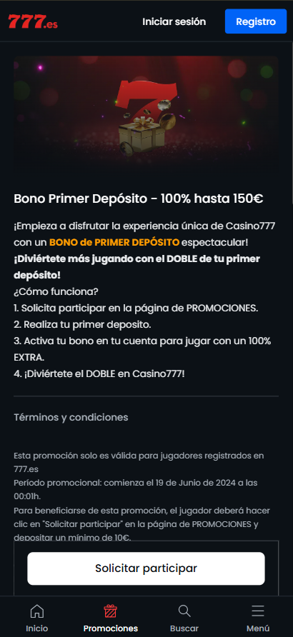 Requisitos de apuesta del bono de bienvenida de Casino777 en España e instrucciones de como solicitarlo