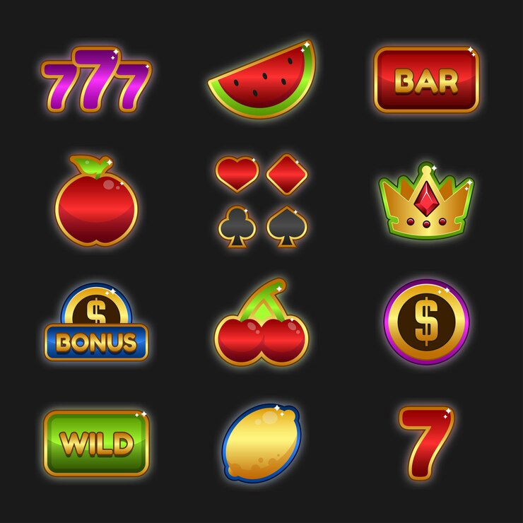 Símbolos clásicos de tragaperras y bonos de casino online en España con iconos 777, frutas y comodines